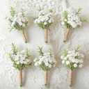 Natural White Boutonnieres for Men Wedding, White Baby's Breath & Green Rosemary Boutonniere with Pins, Groom and Groomsmen Boutonniere for Rustic Fall Vintage Wedding, Prom and Homecoming