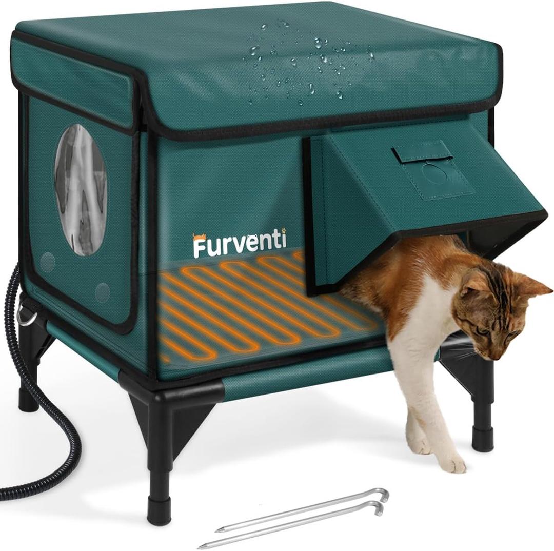 Outdoor Heated Cat House in Winter,Extremely Insulated & Weatherproof,Elevated Feral Cat Shelter with Waterproof Eaves & Escape Door for Outside Stray Barn Cat (Dark Green,S.) (16.7"L x 12.6"W x 17.7"H)