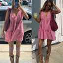 utcoco Women's 2025 Summer A Line Flowy Plaid Mini Dress Y2k Tie Shoulder Babydoll Dress Beach Vacation Outfits (X-Large, Red)