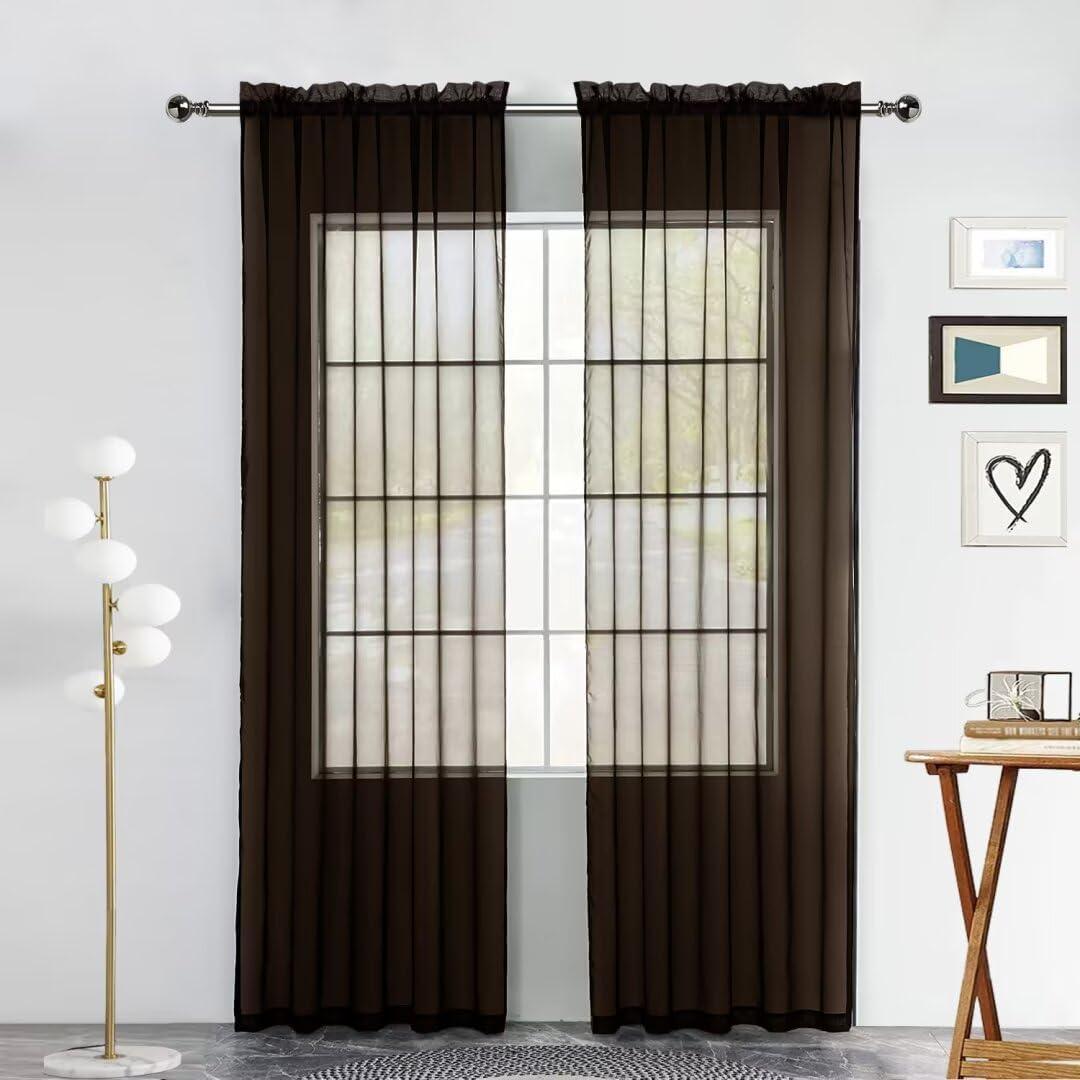 SpaceDresser Sheer Voile Window Treatment Rod Pocket Curtain Panels for Kitchen Bedroom Living Room Drapes Sunlight Filtering Privacy Semi Home Decor Assorted (Coffee, 52 W x 108 L)