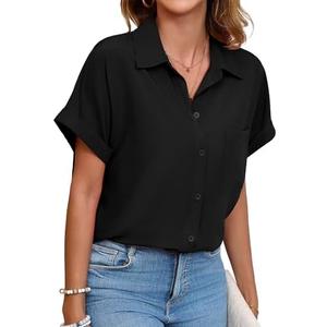 Poplab Womens Button Down Shirt Casual Short Sleeve Collared Work Blouse with Pocket size L