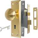 Brushed Gold Mortise Lock Set for Interior Door, Antique Door Knobs with Lock and Skeleton Key, Satin Brass Door Knobs for Old Style Doors