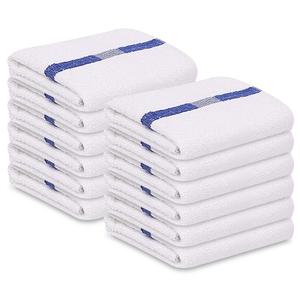 GOLD TEXTILES Bulk Bath Towels White (22x44 Inches) Economy Grade Light Weight Easycare (12 - Blue Stripe)