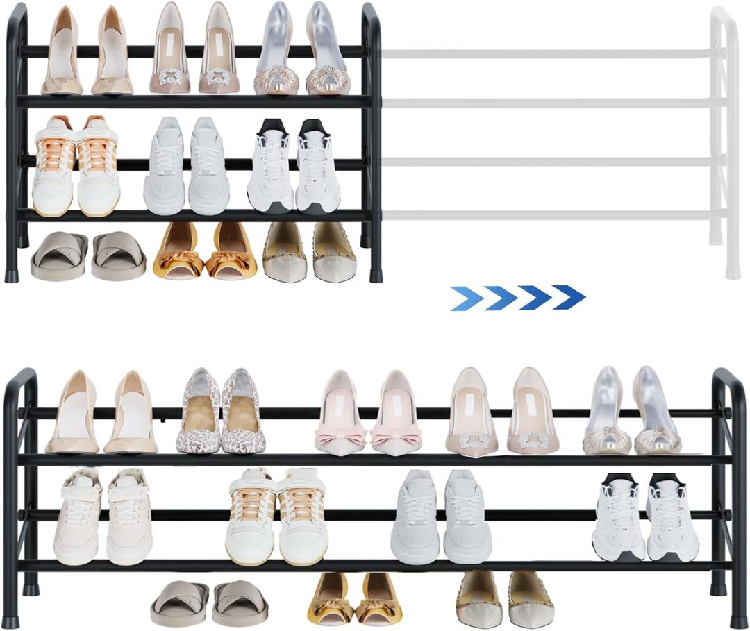 Housen Solutions 2 Tier Expandable Shoe Rack for Closet, Adjustable Shoe Shelf Storage Organizer for Small Space,Heavy Duty Metal Free Standing Shoe Rack for Entryway Closet, Black