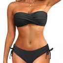 Women's Strapless Bandeau Bikini Set - Twist Front Two Piece Swimsuit Top with Side Tie Bathing Suit Bottom (Large, Black)