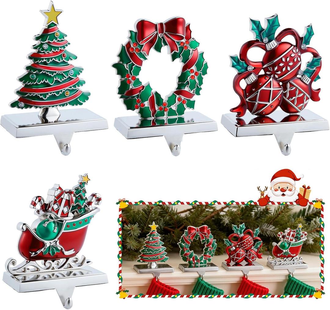 Minetom Christmas Stocking Holders for Mantel, Set of 4 Wreath Sleigh Christmas Ball Christmas Tree Metal Standing Stocking Hook Red Green Resin Sturdy Stockings Hanger for Fireplace Window Decoration