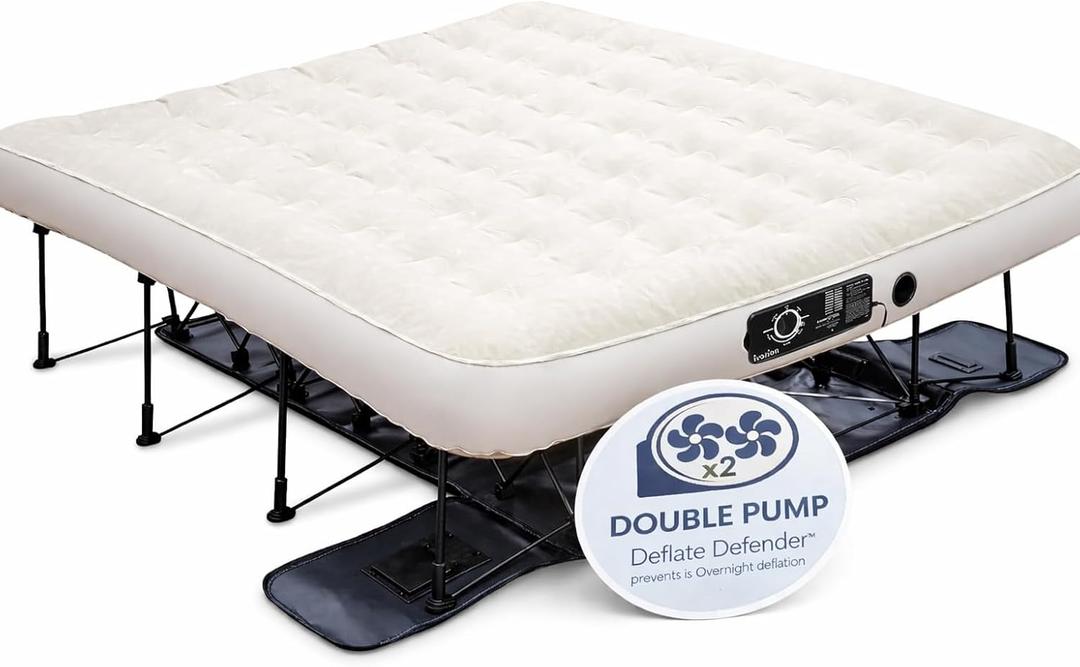 Ivation EZ-Bed (King) Inflatable Air Mattress with Frame & Rolling Case, Built-in Deflate Defender Dual Pump Technology - 3 Min Self Inflate/Deflae Raised Blow up Bed on Legs, Premium Coil Design (White)