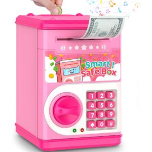 Pink Piggy Bank for Kids with Password Code Lock and Auto Grab Bill Slot, PhilaeEC Real Money Cash Coin Can Saving Box Electronic Money Safe Bank, Hot Gift for 4 7 8 9 10 11 Year Old Boys Girls, 5.1 inches x 4.6 inches x 7.4 inches
