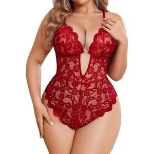 Avidlove Women Plus Size Lingerie Lace Teddy Deep V Lingerie Bodysuit One Piece Babydoll 14-22 Plus (5X-Large, Red)