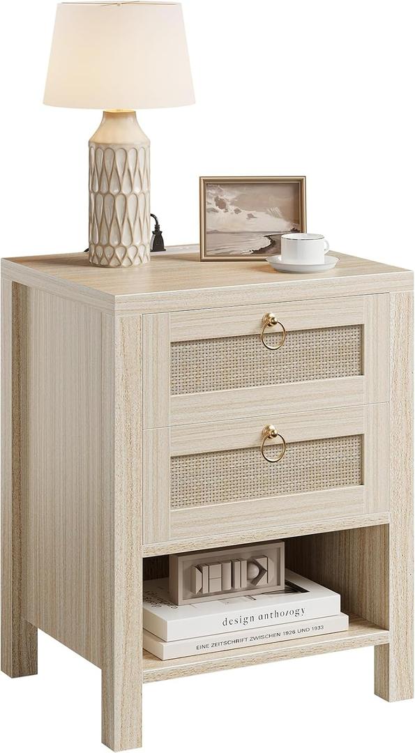 Rattan Night Stand with Drawers - Boho Nightstand with Charging Station, Bedside Table with Storage Shelf, Accent Side Table End Tables Living Room, Wood Nightstands for Bedroom, White Oak, 15.75"D x 18.11"W x 25.2"H