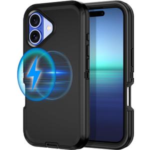 I-HONVA for iPhone 16 Case [Compatible with MagSafe] Shockproof 3-Layer Full Body Protection [Without Screen Protector] Rugged Heavy Duty Cover Case for Apple iPhone 16 6.1",Black