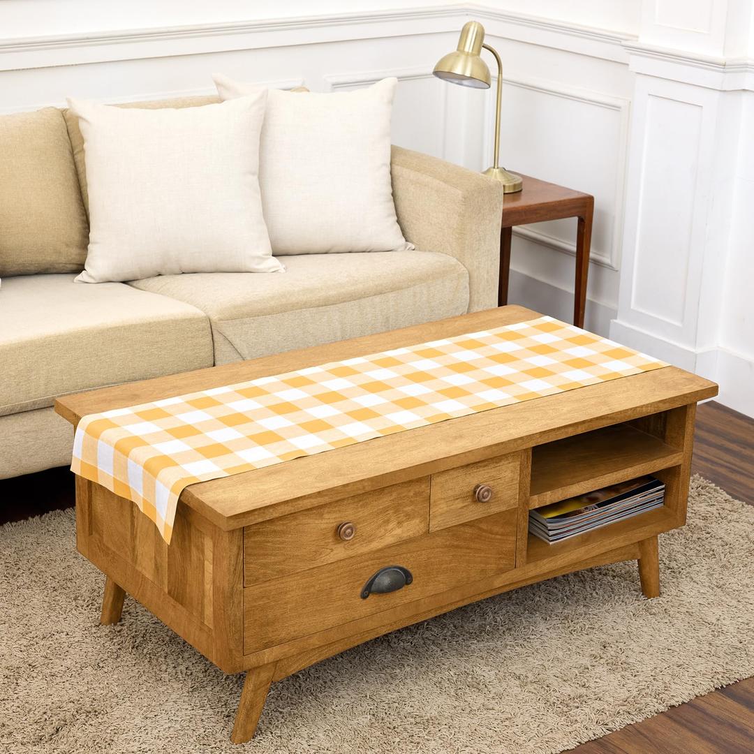 Solino Home Linen Checkered Table Runner 36 Inches - 100% Pure Linen Mustard and White Buffalo Check Table Runner 14 x 36 Inch Ideal for Dresser and Coffee Tables, Summer