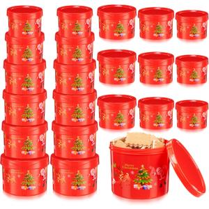 Vesici 24 Pcs Christmas Cookie Containers with Lids Red Plastic Round 6 Size Nesting Stackable Christmas Cookie Tins Reusable Holiday Snack Candy Goodie Treat Buckets Boxes for Gift Bake Storage