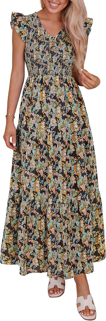 PRETTYGARDEN Women's Boho Floral Maxi Dress 2026 Summer Smocked V Neck Ruffle Sleeve Spring Flowy Beach Vacation Sundresses (Black, X-Large)