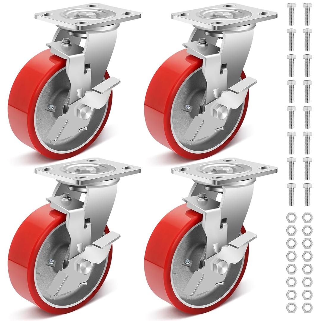 Nefish 6 Inch Heavy Duty Industrial Grade Casters Wheels, Aluminum Core PU Castor Set of 4, Durable Plate Swivel Casters with Brake 5000 LBS, Anti-Corrosion Wheels for Industrial, Equipment