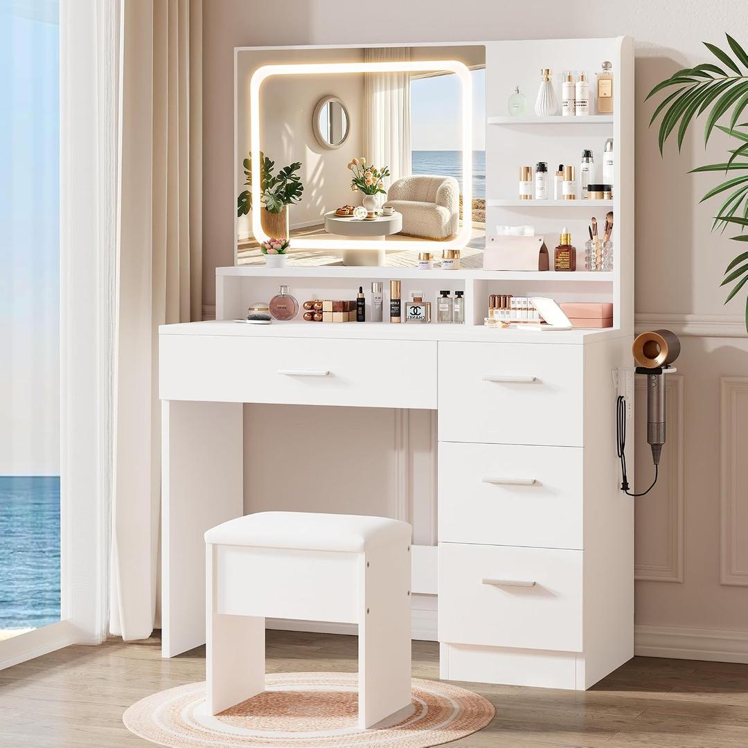LIVELYGLOW Makeup Vanity Desk Set, 35.4Wx15.7Dx53.9H, White (Smart LED Mirror, with Cushion Stool, Hairdryer Rack, Power-Outlet, 4 Drawers, Open Shelves), 35.4x15.7x53.9