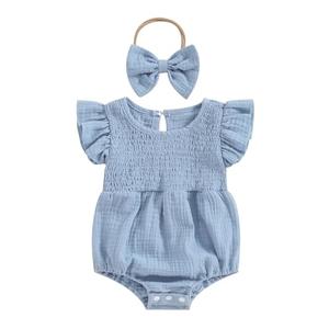 Newborn Baby Girl Clothes Ruffle Sleeve Solid Smocked Bubble Romper Jumpsuit Bow Headband Cute Summer Clothes (Blue, 3-6 Months)