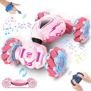 Pink RC Car Toys for Girls Aged 6-12, Gesture Sensing RC Stunt Cars with Lights Music for Girl Birthday Xmas Gifts, 2.4GHz 4WD Pink Remote Control Toy Double-Side Flip 360 All-Round Rotation