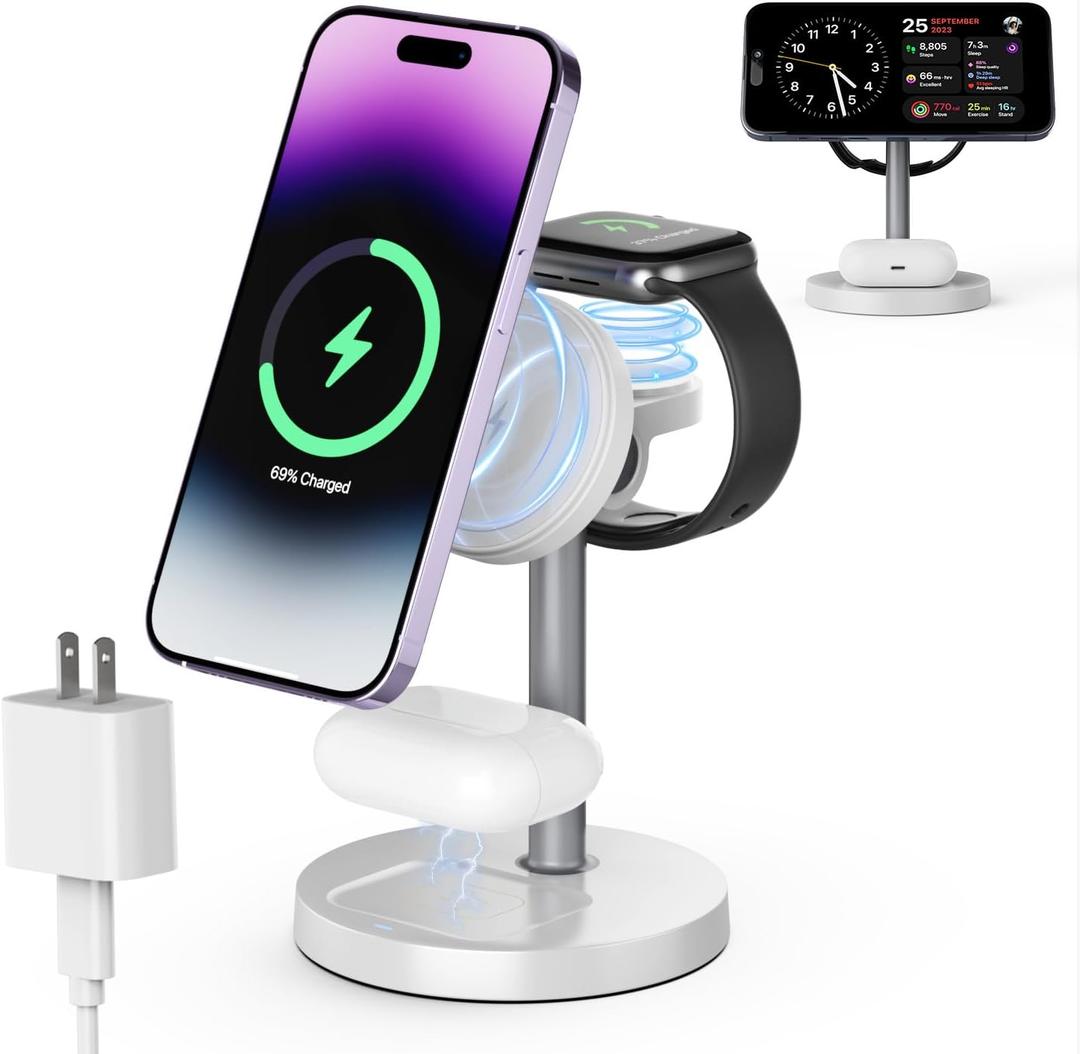 3 in 1 Wireless Charging Station Compatible with MagSafe, 15W Fast Charging Magnetic Mag-Safe Charger Stand for Apple iPhone 17 16 15 14 13 12Series Apple Watch AirPods Pro 4 3 2, Gifts for Men Women (White)