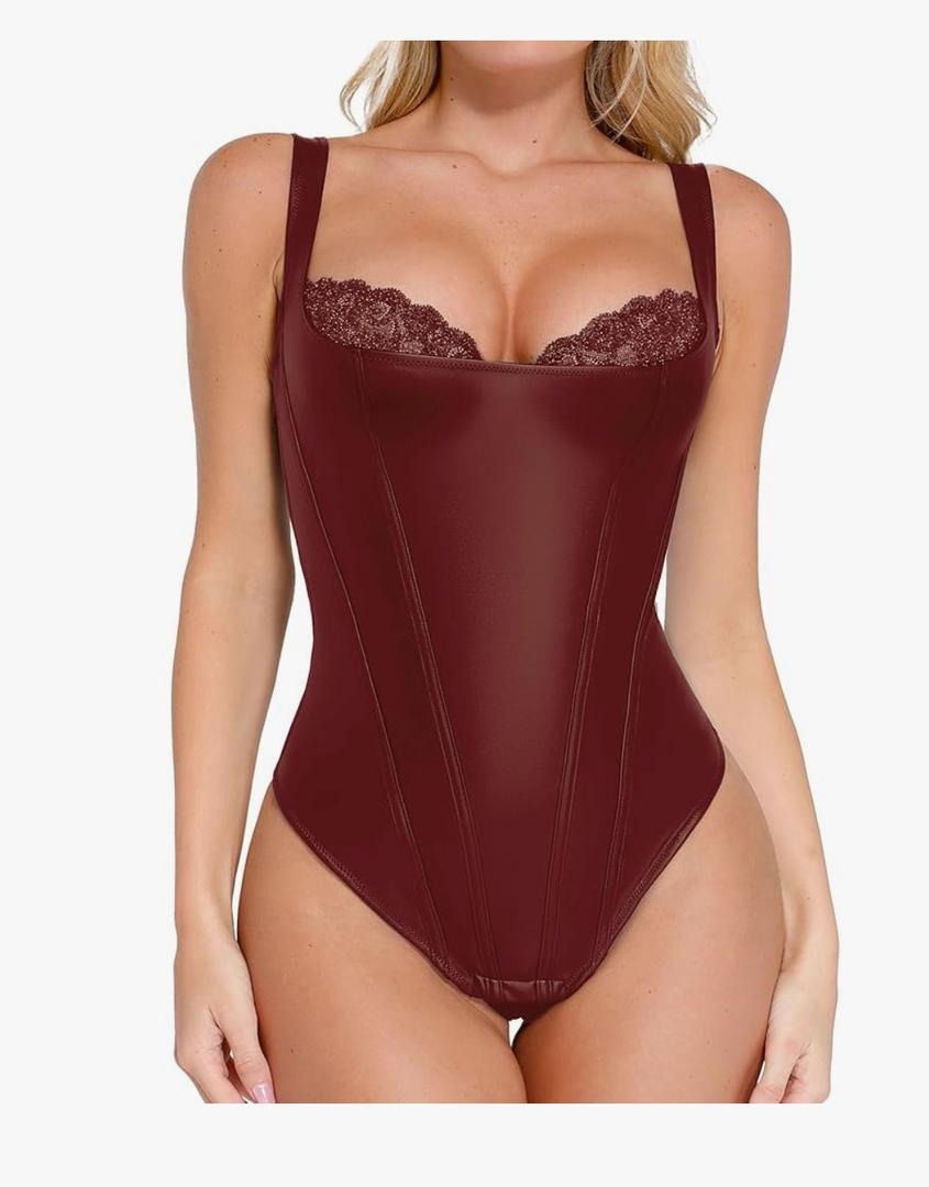 Popilush Leather Corset Tops for Women - Tummy Control Lace Shapewear Body Suits Thong Body Shaper