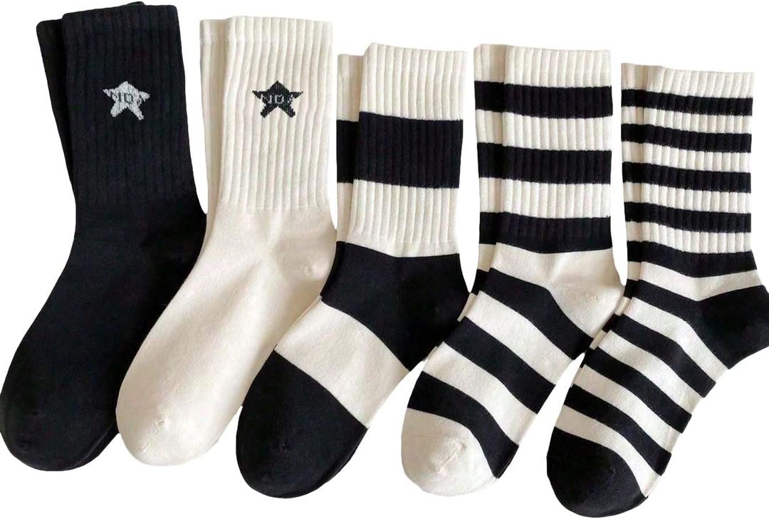 Verdusa Women's 5 Pairs Striped Crew Socks Casual Athletic Socks (39, Black and White)