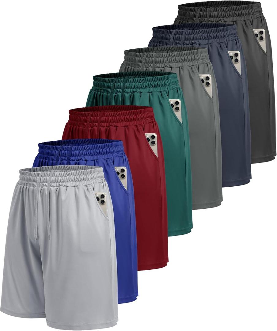 7 Pack Mens Athletic Shorts - Gym Basketball Running Workout Quick Dry Black Shorts with Pockets for Casual Performance (Large, 1-black/Dack Grey/Navy Blue/Light Grey/Royal Blue/Dark Green/Wine)