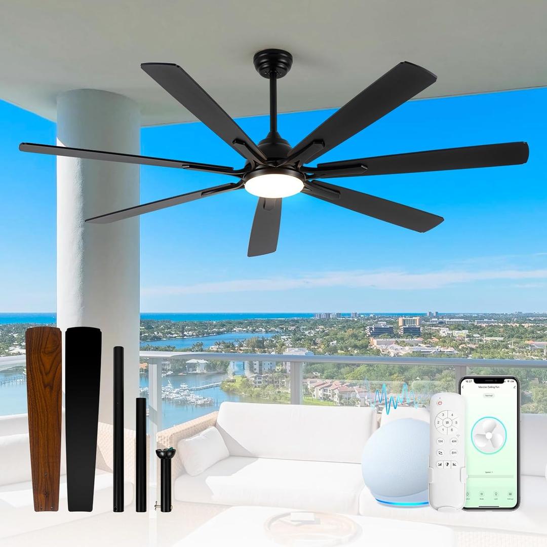 72" Large Smart Ceiling Fan with Light Remote Control via WiFi Alexa,6-Speeds Quiet DC Motor,Dimmable,Indoor Outdoor Black Ceiling Fan for Living Room,Patio,Dual Finish 7 Blades