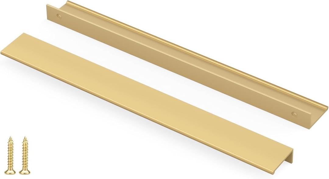 Peaha 10 Pack Kitchen Cabinet Handles 15 inch Matte Gold Pulls for Dresser Drawers Brushed Brass Door Edge Finger Pull Hardware (Hole Centers:15in(380mm))