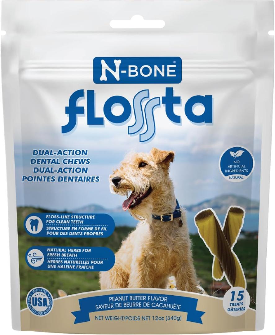 N-Bone Flossta Dual Action Dental Chews for Dogs, Unique Twist Shape for Deep Teeth Cleaning and Proactive Dental Care, Peanut Butter Flavor, 15 Count 12-oz Bag (EXP 07/29/27)