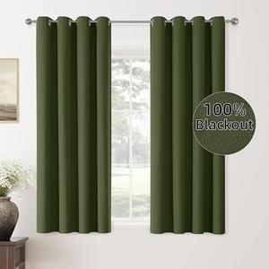 ChrisDowa 100% Blackout Olive Green Solid Curtains 63 Inches Long 2 Panels for Bedroom Living Room,Farmhouse Room Darkening Thermal Insulated Soundproof Grommet Top Window Treatment Drapes,52x63