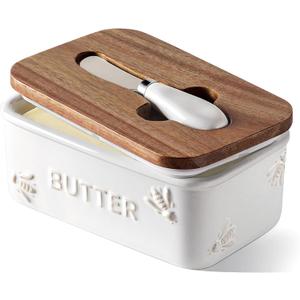 LE TAUCI Butter Dish with Lid for Countertop, Ceramic Butter Container, Embossed Butter Keeper with Acacia Wood lid, Knife, and Airtight Cover, Farmhouse Decor - Set of 1, Arctic White, Bee Pattern