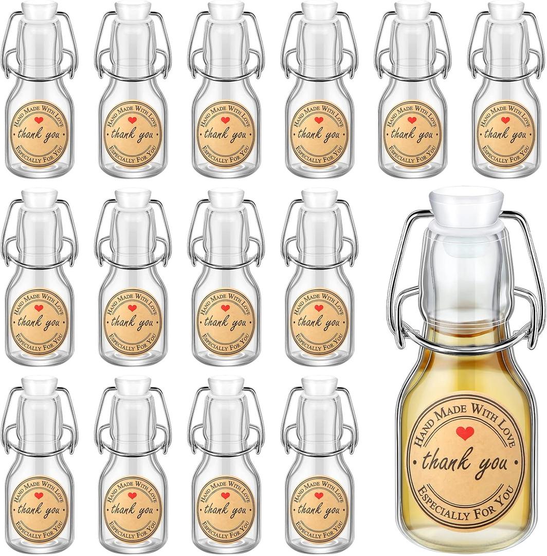 Queekay 20 Pcs Mini Flip Top Glass Bottle with Stoppers Decorative Swing Top Bottles with Lids Kraft Adhesive Round Stickers for Homemade Vanilla Extract Wedding Themed Party Favors(2 oz)