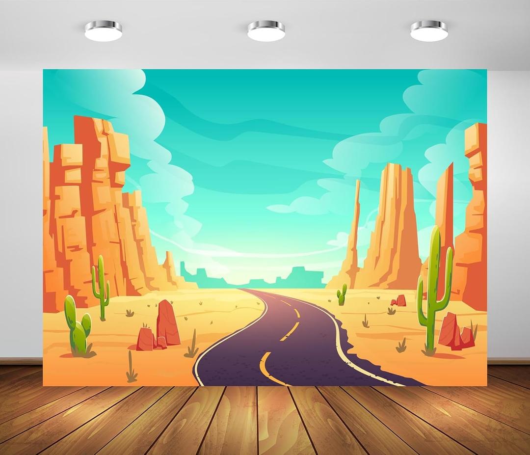 BELECO 8x6ft Fabric Cartoon Desert Backdrop Wildwest Desert Road Cactus Sand Dunes Canyon Photography Background Western Cowboy Cowgirl Baby Shower Birthday Party Decoration Baby Kids Photo Props (A50368)