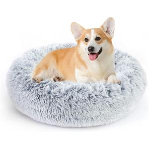 NOYAL Calming Donut Dog Bed for Small to Medium Dogs & Cats - Plush Faux Fur Anti-Anxiety Pet Bed with Machine Washable Cover & Non-Slip Base (Small 19.6'', Gradient Grey)