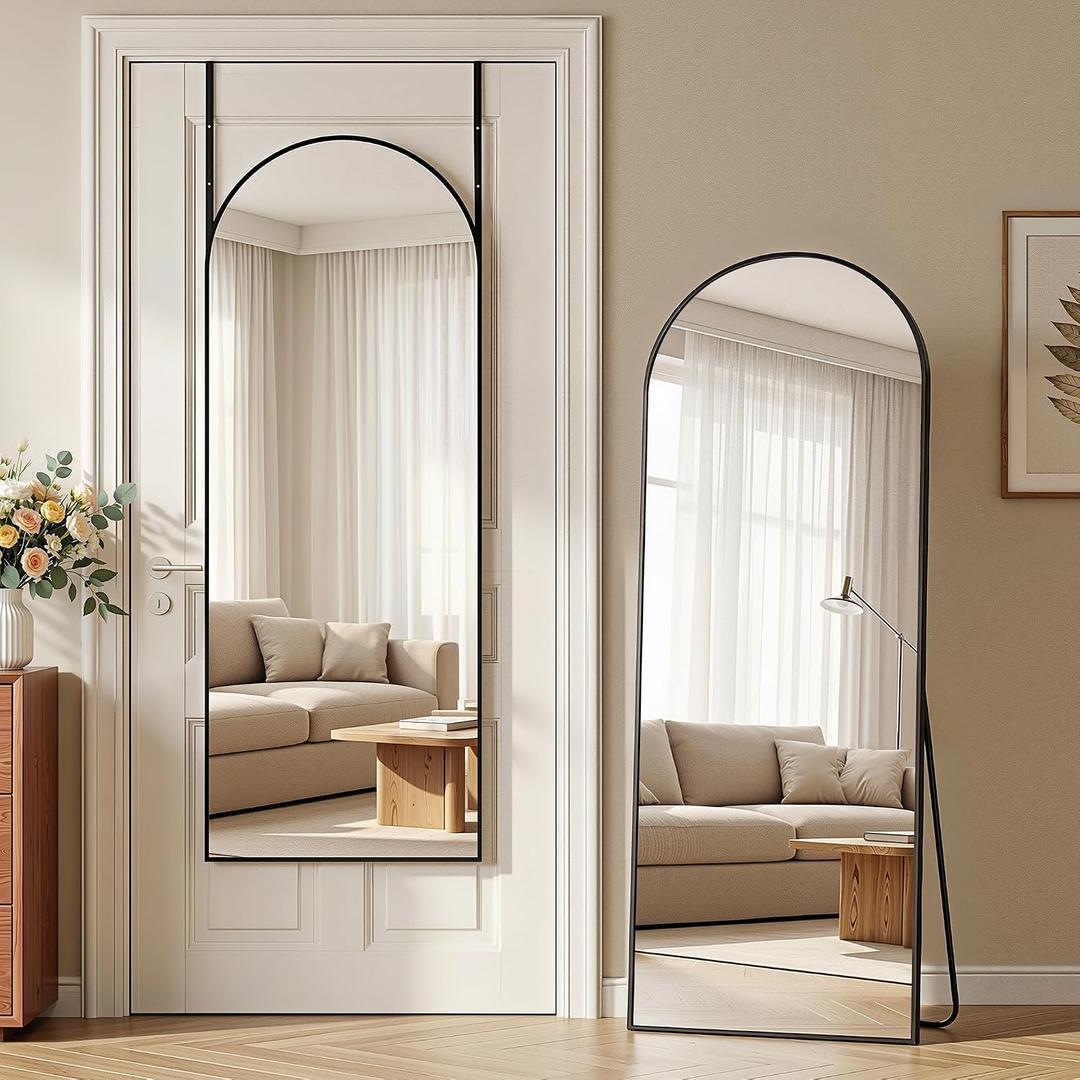 58"x20" Over The Door Mirror, Arched Full Length Mirror with Aluminum Frame, Adjustable Hooks, Wall Mounted or Standing for Bedroom Living Room, Black