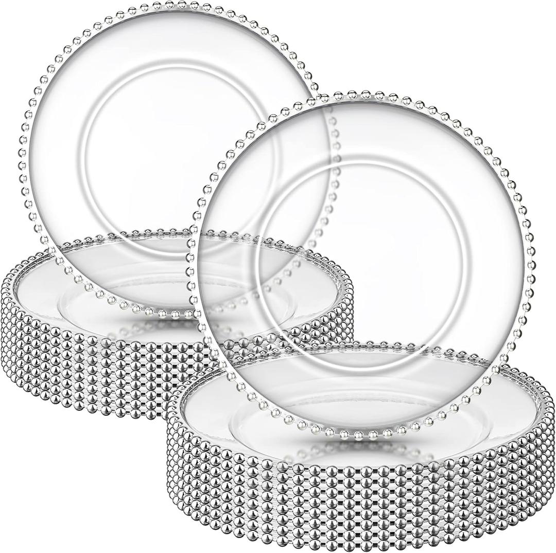 Zopeal 18 Pcs Plastic Beaded Charger Plates 13 Inch Round Dinner Chargers Silver Bead Charger for Dinner Clear Service Plates for Wedding Birthday Party Events Bridal Shower Tabletop Decoration
