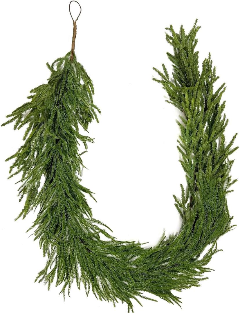 9 FT Real Touch Norfolk Pine Garland Green Artificial Christmas Garland Faux Greenery Garland for Holiday Fireplace Mantle Window Indoor Outdoor Decor, 1 Pcs