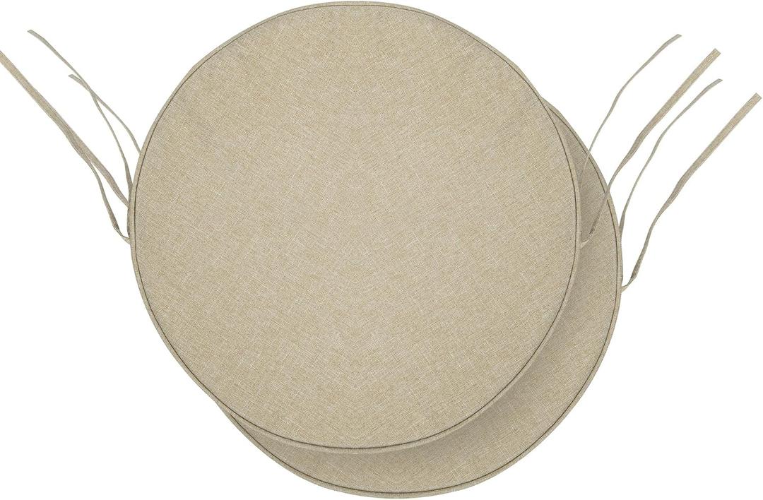 Outdoor Round Chair Cushions 15 Inch, Fade-Resistant & Water-Resistant, Bistro Chair Seat Pads for Porch Garden Balcony Patio Furniture Stools, Non-Slip Bottom, Set of 2, Natural