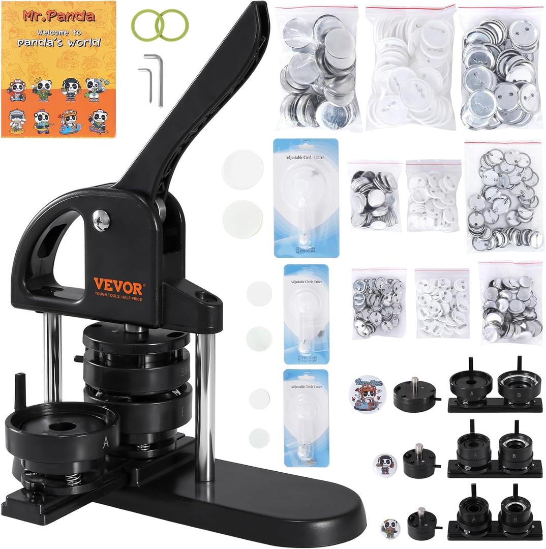 VEVOR Button Maker, 1/ 1.25/ 2.28 inch(25/ 32/ 58mm) 3-in-1 Pin Maker with 300pcs Button Parts, Ergonomic Arc Handle Punch Press Kit, Button Maker Machine with Panda Magic Book, for Children DIY Gifts