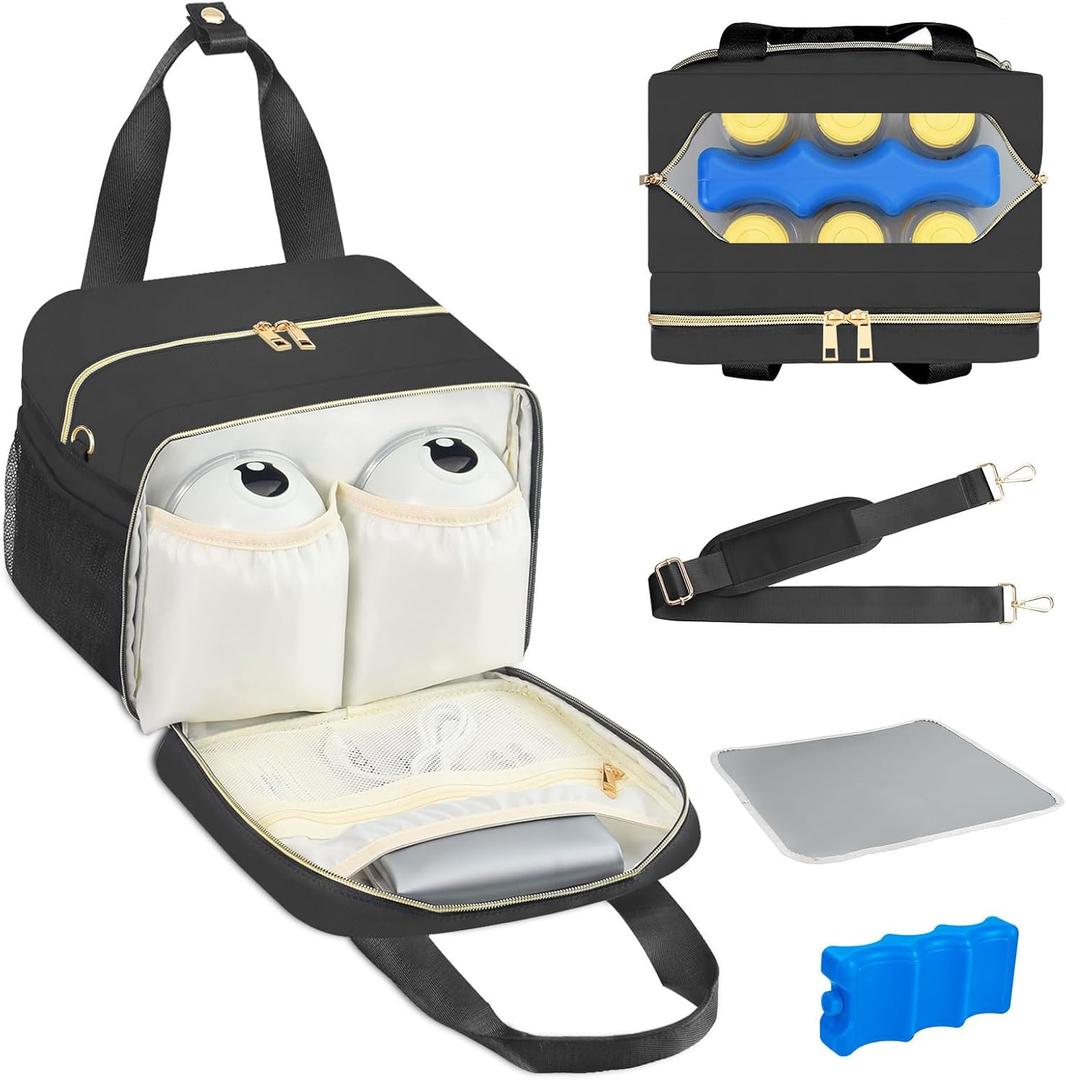 PIIOSER Breastmilk Cooler Bag with Ice Pack, Fits 6 Baby Bottles Up to 9 Ounce, Insulated Bottle Travel Bags with Shoulder Strap-Wearable Breast Pump Carrying Case for Nursing & Working Moms (Black)