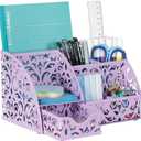 EasyPAG Pen Holder Desk Organizer with Drawer Pencil Cup for Desk 6 Compartments Metal Office Caddy Storage with Sticky Notes Holder for School Home Office, Purple