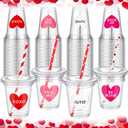 Eaasty 20 Sets Valentine's Day Plastic Cups with Lid and Straws, 12 oz Conversation Heart Disposable Valentines Cups with Sticker, Valentines Party Supplies for Iced Coffee Juice Beverage Drinks
