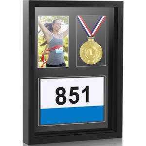 RattanView Medal Display Frame Shadow Box 3 in 1 Marathon Medal and Photo Display Frame Case 17 x 12.5 Inch Black Wood Award Storage Box for Runners, Race Bibs All Sport Winner, Military Award(Black)