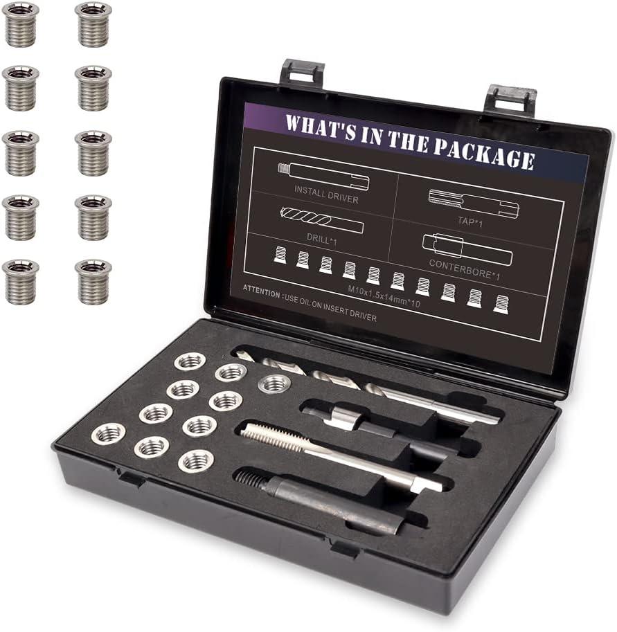 M10x1.5 Thread Repair Kit with 14mm Insert HSS Drill, Tap, Counterbore,Installation Driver,Stainless Steel Insert M10*1.5 * 14mm *10pcs