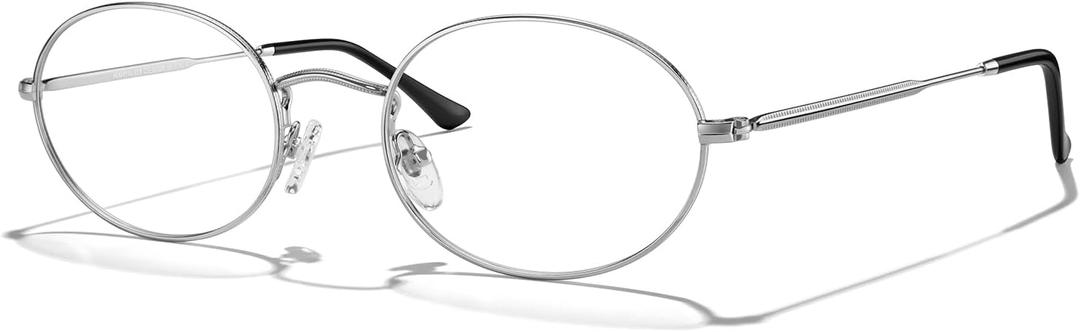 Oval Reading Glasses for Women Men Blue Light Blocking Computer Thin Metal Full Rim Frame Readers (Silver)