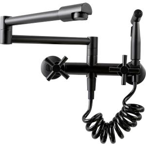 Wall Mount Kitchen Faucet with Side Sprayer, Commercial Pot Filler 8 Inch Center 2 Handles Folding Wall Mounted Faucet for Kitchen Sink, Matte Black