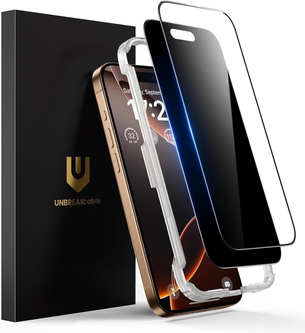 UNBREAKcable 2PCS Screen Protector for iPhone 16 Pro Max - 1 Privacy Tempered Glass+1 Clear Glass Double Shatterproof [Installation Frame] [9H Hardness] [Case Friendly] Anti-Scratch iPhone 6.9 inch