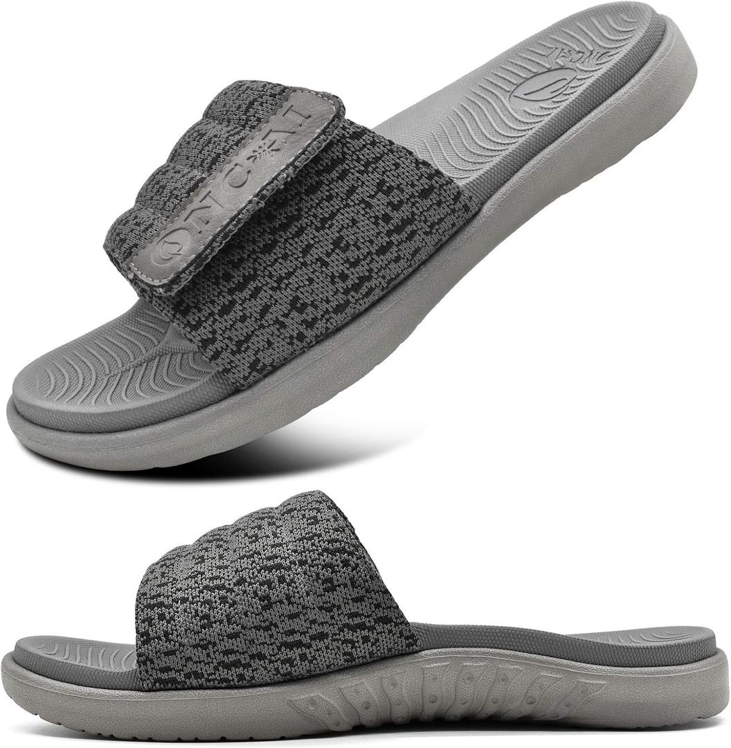 ONCAI Mens Slide Sandals Grey Open Toe Athletic Adjustable Straps Orthotic Plantar Fasciitis Sport Sandals with Soft Cushion Arch Support Footbed Size 8