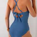 B2prity Women's One Piece Swimsuits Tummy Control Front Cross Bathing Suits Tie Back Slimming V Neck Swimwear (Blue, S)