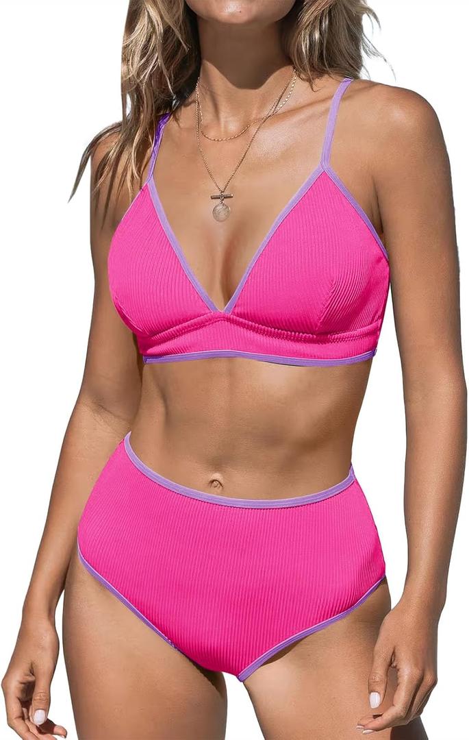 Fisoew Womens High Waisted Bikini Sets Triangle Ribbed Color Block Two Piece Swimsuit Sexy High Cut Bathing Suit (Large, Pink)
